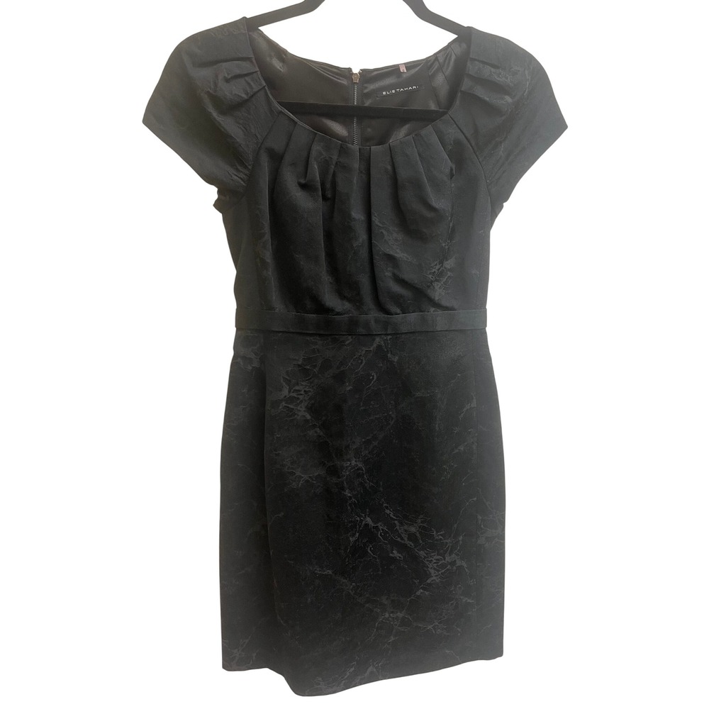 Elie Tahari Black Jacquard Pleated Scoop Neck Sheath Dress Size 0 Cap‎ Sleeve - Picture 2 of 16